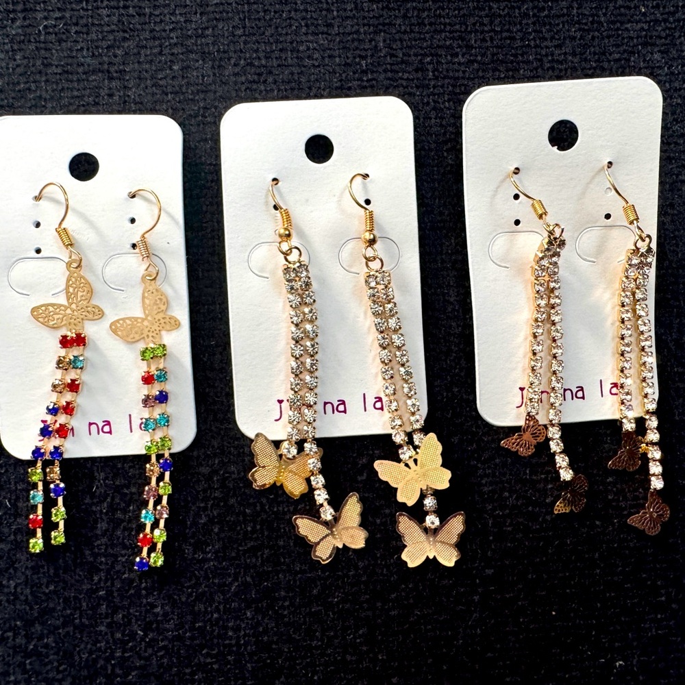 Set of 3 gold tone butterfly faux gems dangling earrings